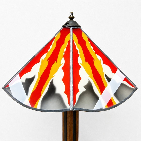 Image 1 of Amsterdam School / Art Deco floor lamp stained glass shade (geometric design) oak base