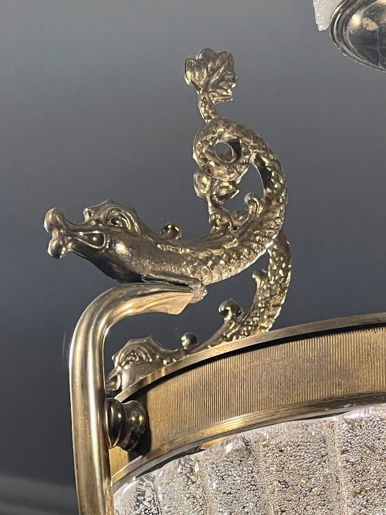 Image 1 of Unikat! Echter Jugendstil-Leuchter mit Glasschale und Fischen aus Messing. Ca. 1915