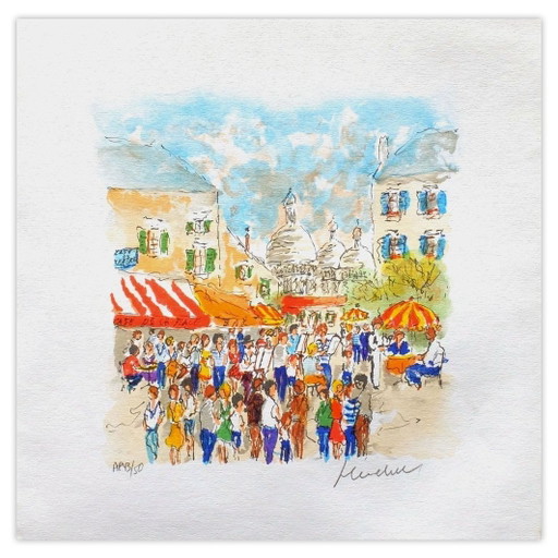 Urbain HUCHET Parigi, Place du Tertre a Montmartre Litografia firmata 1985