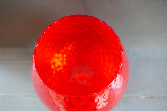 Vintage Empoli Optically Blown Glass Vase Red on Base (photo 4 of 7)