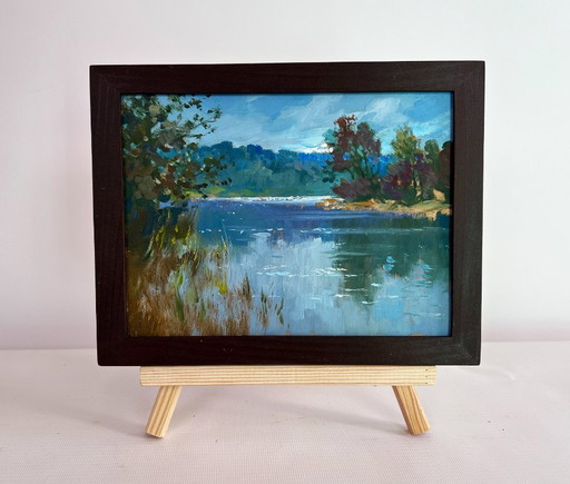 Original Oil Painting Summer River Landscape By the evening in nature
