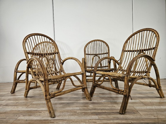 Poltrone vintage in rattan, set di quattro, Sedie da giardino, Marrone (foto 2 di 15)