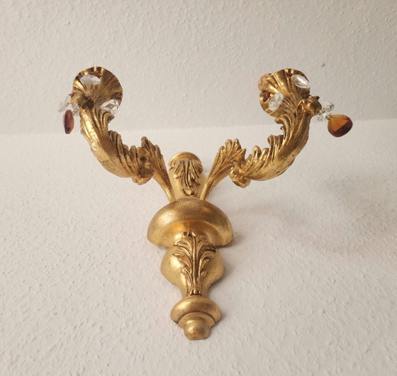 Hand-carved antique Florentine wall hanging with crystal pendants, gilded

with gold leaf, Baroque Rococo, (photo 6 of 15)