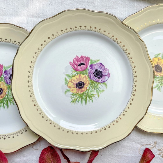 Vintage Porseleinen Dinerborden met Wit, Geel & Gouden Bloemenpatroon, L'Amandinoise "Coopélia" - Vintage (photo 14 of 16)