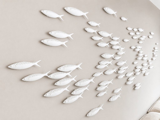 Exclusieve 3D Muurkunst 'School of Fish' – Modern & Scandinavisch Design (250 cm) – beeldhouwkunst, Porcelain