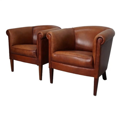 Sillones de club holandeses vintage en cuero color coñac, juego de 2