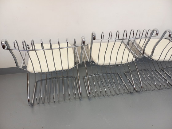 Image 1 of Suite van 4 Gastone Rinaldi Vintage Italiaanse stoelen in verchroomd metaal en Bouclettes stof uit de jaren 70