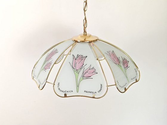 Image 1 of Vintage hanglamp met bloemblaadjes / Retro botanische messing plafondkroonluchter / Glazen tulp hanglamp uit de jaren 80
