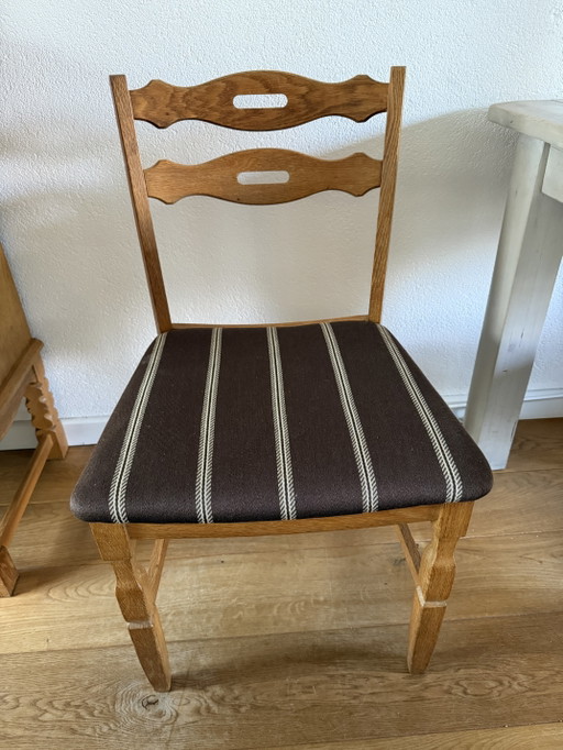 Set van 6 Deense eikenhouten "Razorblade" eetkamerstoelen uit het midden van de 20e eeuw van Henning Kjærnulf (jaren 60).