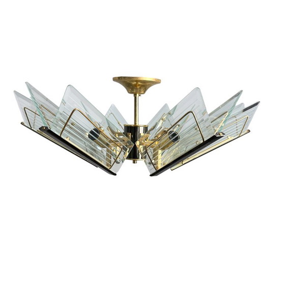 Lampadario vintage in ottone e vetro inciso di Massive, Plafoniere, Dorato (foto 9 di 9)