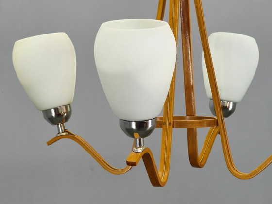 Image 1 of Pair of Czech Mid-Century Wood and Glass Chandeliers by Dřevo Humpolec