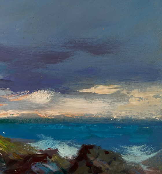 Image 1 of Original Oil Painting Coastal Waves Landscape Seagulls soaring over the endless sea