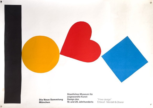 💙 Ik hou van design – 1991 – Originele vintage A0-poster door Pierre Mendell / Die Neue Sammlung | Zeefdruk | 84,1 × 118,9 cm  