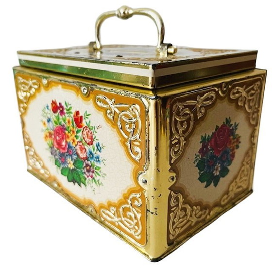 Image 1 of Vintage French flower piggy bank tin 1970s