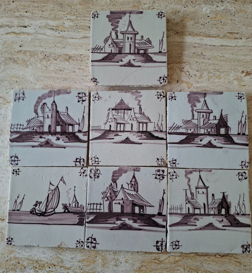 Antique 7 earthenware wall tiles from Delft, Netherlands, dated 1775–1815