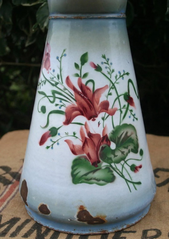 Image 1 of Antique French Hand-Painted Enamel Water Pitcher, Floral Cyclamen Jug, Blue Rim Farmhouse Vase, Rustic Country Decor