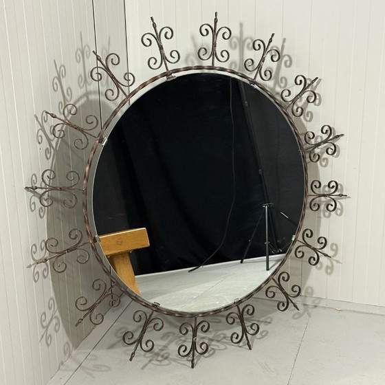 Image 1 of Very large round wrought iron wall mirror 1960's