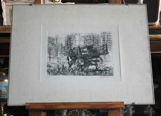 Image 1 of Renzo Vespignani, Italiano (1924 - 2001) - Camión en los suburbios, Año: 1956, Grabado, firmado y numerado a lápiz.