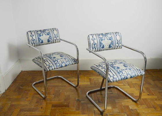 Image 1 of Bauhaus Cantilever Chairs, Portuguese Blue and White Tile Azulejo Upholstery Dining Chairs, Chromed Steel Frame Seating Set of 2