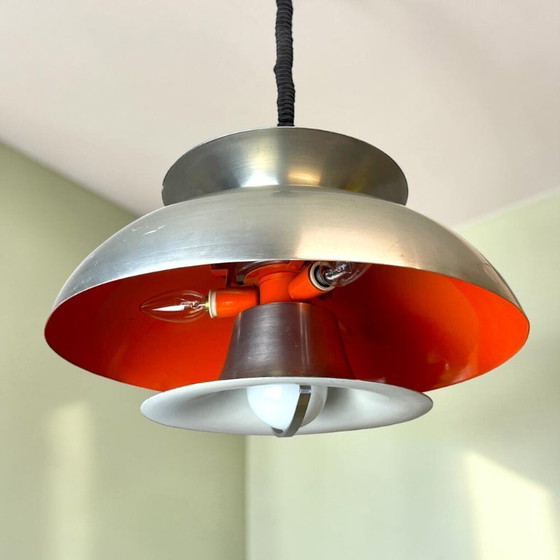 Scandinavian Modern Danish Brushed Aluminium Silver And Red Rise And Fall 4-Light Hanging Lamp, 1970s (photo 5 of 17)