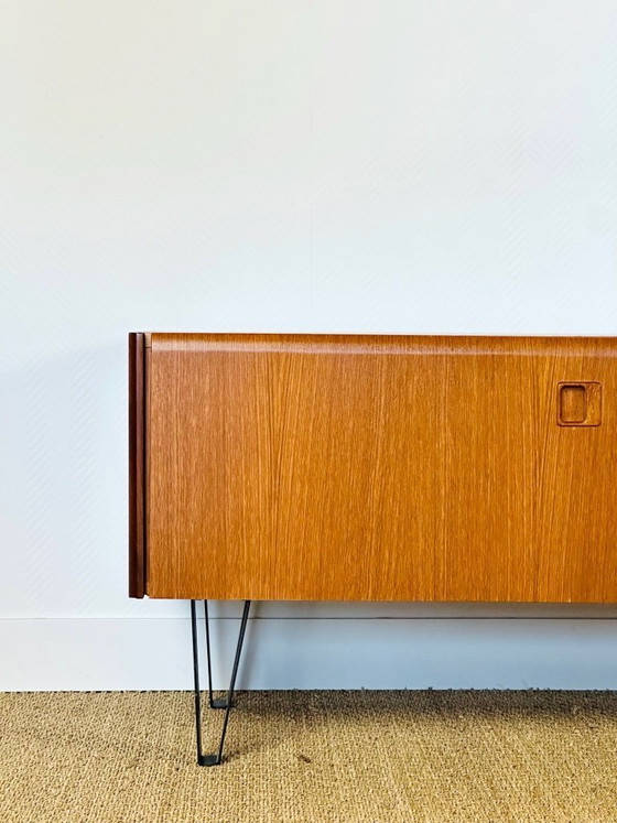 Image 1 of Low Scandinavian teak sideboard with metal compass legs, 1960