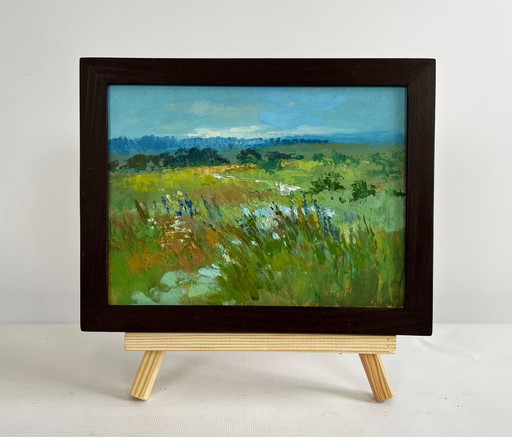 Original Oil Painting Summer Field Landscape On the summer flower meadows