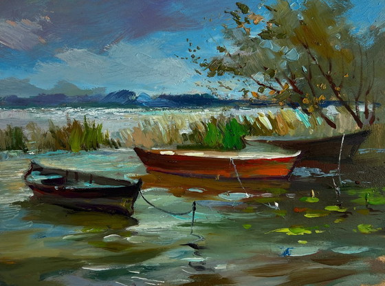 Image 1 of Original Oil Painting Summer River Landscape Boats moored on the shore