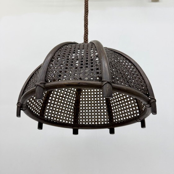 Image 1 of Vintage rattan and webbing hanging lamp 1970s retro