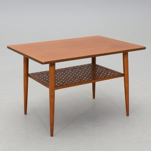 Scandinavische teakhouten salontafel met gevlochten plank, Denemarken, jaren 1960