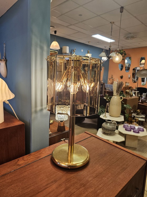 Vintage Table Lamp Cut Smoked Glass Brass – Metal (photo 12 of 14)