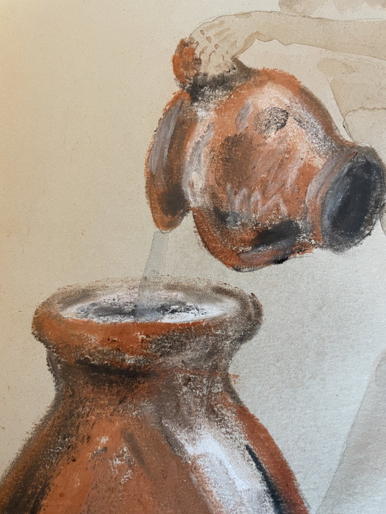 Image 1 of Ritratto di donna e natura morta in stile orientalista con acquerello pastello