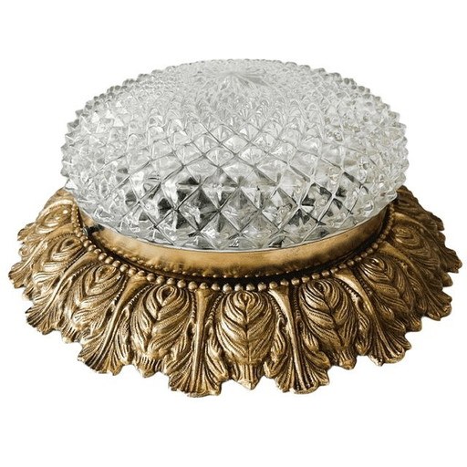 Vintage French Baroque ceiling lamp, faceted glass, Hollywood Regency ceiling light, brass, 1960s