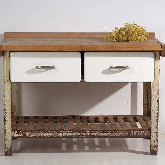 Table de Travail Industrielle – Europe Centrale (c.1950) – Bureaux, Iron, Industrieel (photo 4 of 40)