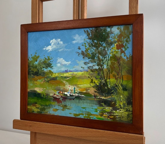 Image 1 of Original Oil Painting Summer Lake Landscape Take a swim in a summer lake