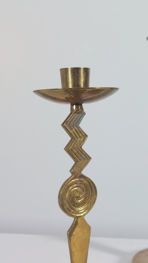 Pair of patinated vintage brass candlesticks, Memphis style, 1980s