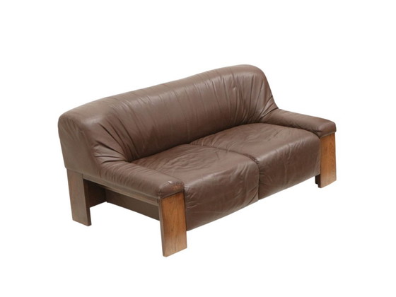 Image 1 of Brutalist 2-Seater Leather Sofa - Brown Leather with Wenge Wood Frame