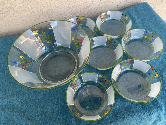 Hand-Painted Flower Patterned Glass Bowls, Hungary, 1950s, Set of 7 (photo 2 of 5)
