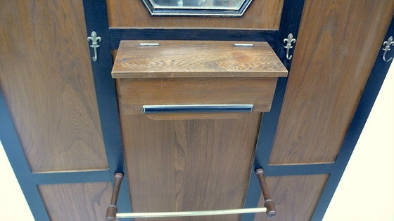 Image 1 of Large Art Nouveau wardrobe circa 1910, solid elm wood + black, hat shelf, mirror, umbrella stand, lid compartment