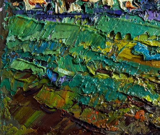 Image 1 of Original Oil Painting Sunset Forest Landscape Evening autumn wind