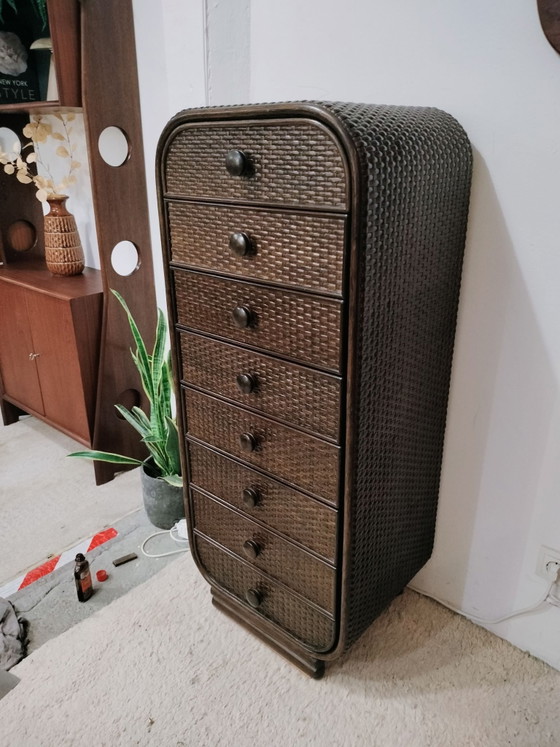 Vintage 70s rattan, webbing tall Chest of drawers – Wood (photo 5 of 6)