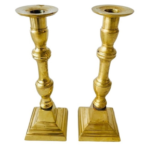 Set of heavy Flemish brass gold candlesticks square 1900's