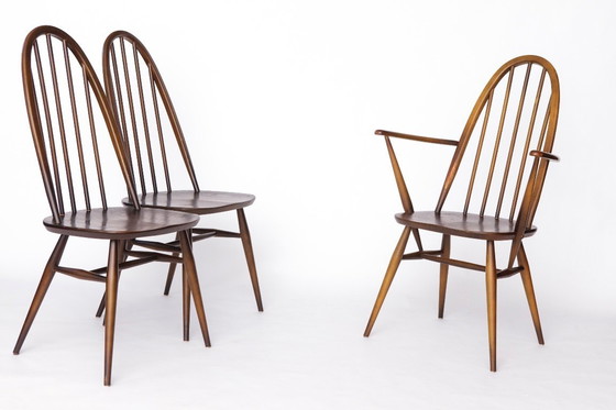 Image 1 of Set of 6 Ercol Quaker Windsor Dining Chairs | 1960s British Mid-Century Modern, Solid Elm Wood, Vintage Design