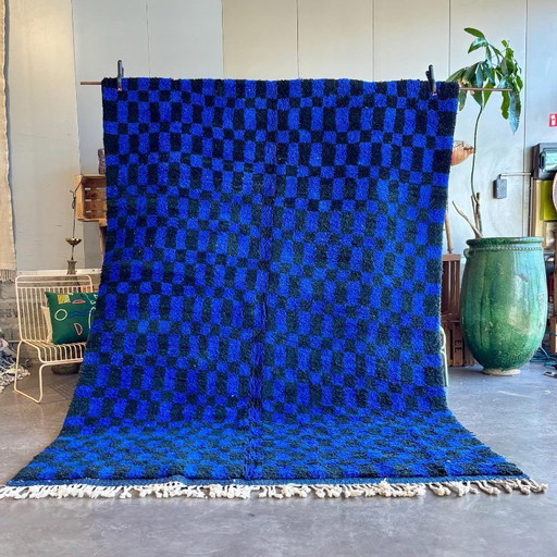 Handmade Moroccan Rug – Black & Blue Checkered Wool Carpet | Geometric Checkerboard Area Rug | Boho Vintage Style Home Decor