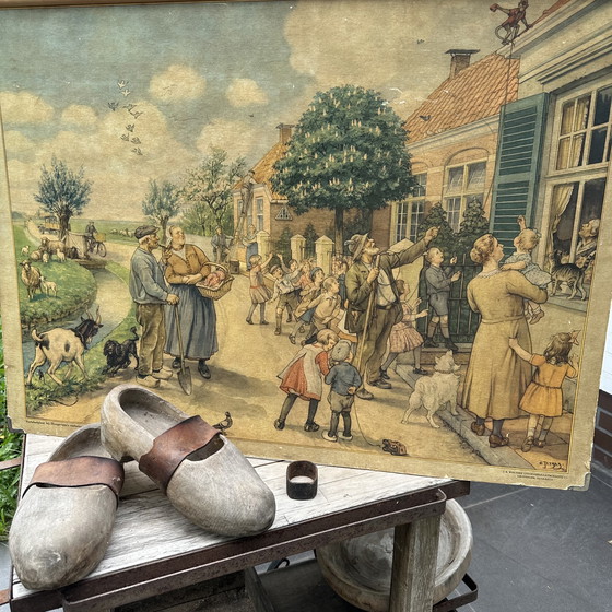 Image 1 of Large school plate Cornelis Jetses (1932) - J.B. Wolters Groningen-Djakarta - 73×103 cm - with wooden cane