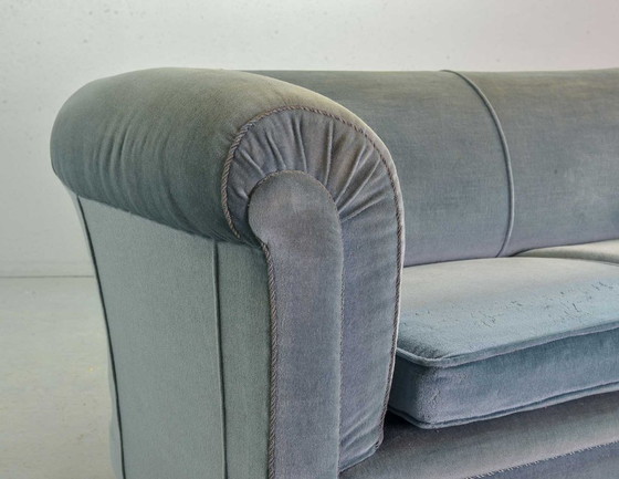 Image 1 of Chesterfield Style Duotone Two-Seat Victorian Sofa in Frosted Blue and Moss Green Velvet, 1950s.