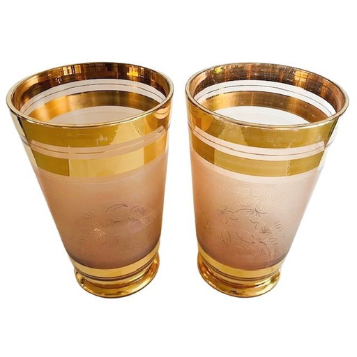 Coppia di vasi in vetro rosa placcati in oro De Rupel, Art Déco anni '30