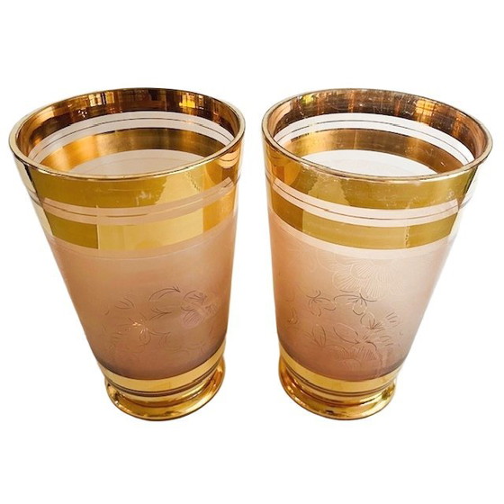 Image 1 of Coppia di vasi in vetro rosa placcati in oro De Rupel, Art Déco anni '30