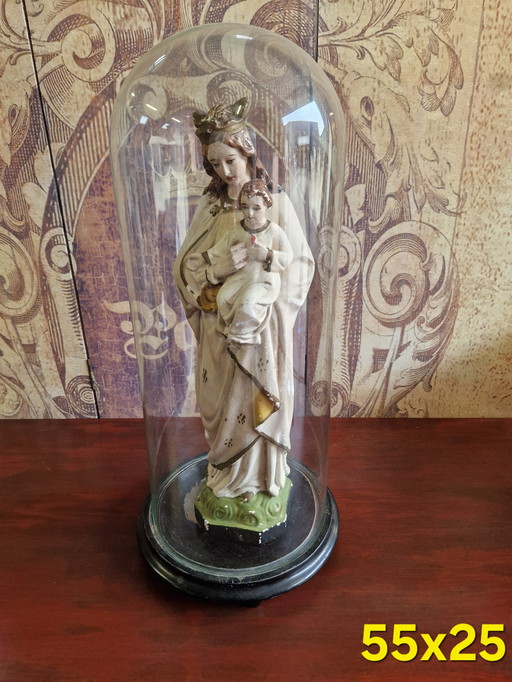Antique bell jar with statue of Mary 55x25
