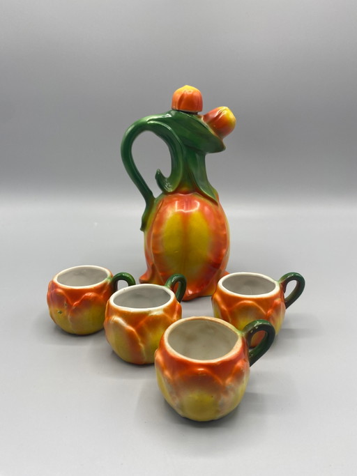 Service à liqueur 5 pièces Tulip Slipware des années 1950 – servies, Ceramic