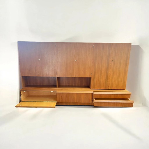 Mid - Century living room wall unit, Germany ca. 1960s. Teak veneered